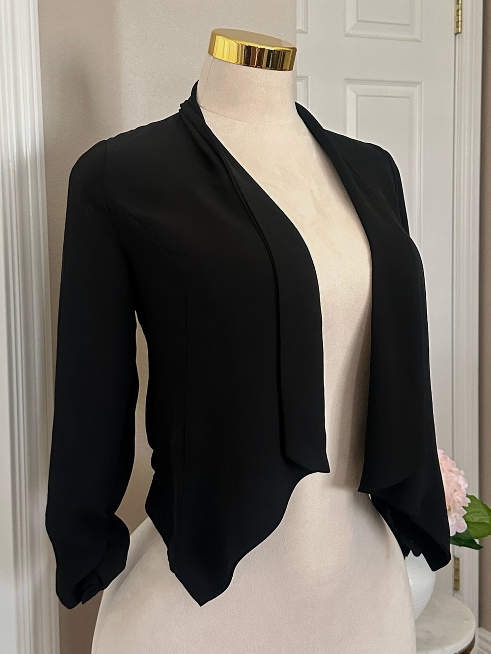 Black Draped Shawl Collar Blazer Jacket with 3/4 Ruched Sleeves Sz S